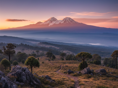 Mount Kenya rising above rolling forested slopes under a clear blue sky, showcasing Kenya’s iconic alpine landscape