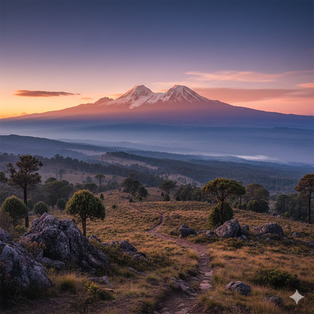 Mount Kenya rising above rolling forested slopes under a clear blue sky, showcasing Kenya’s iconic alpine landscape