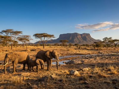 Elephants with backdrop of Mt Ololokwe